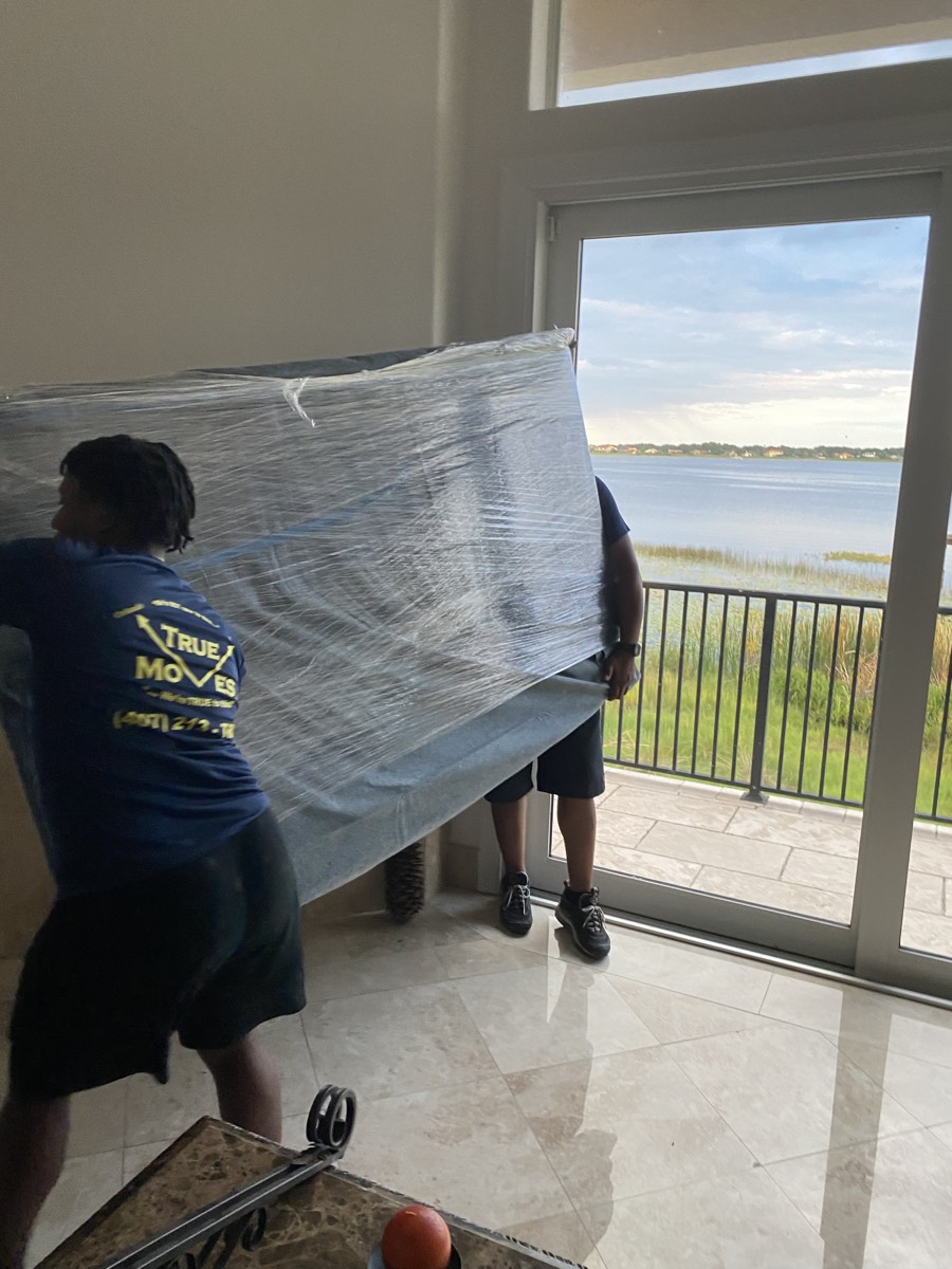 Two movers carrying a wrapped item through a lakeview home