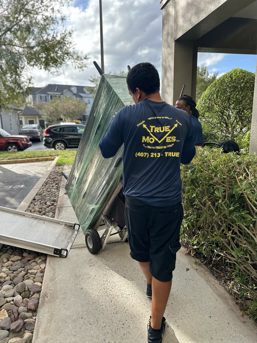 Mover wheeling a wrapped mirror up the walkway